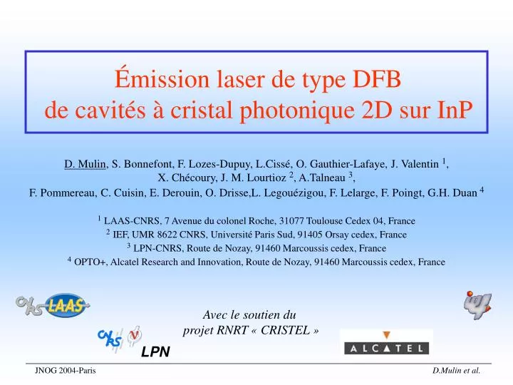 mission laser de type dfb de cavit s cristal photonique 2d sur inp