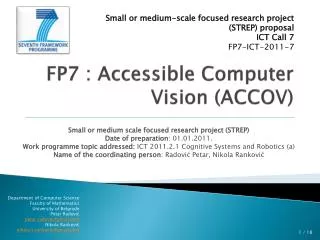 FP7 : Accessible Computer Vision (ACCOV)