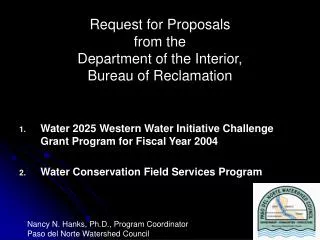 Request for Proposals from the Department of the Interior, Bureau of Reclamation