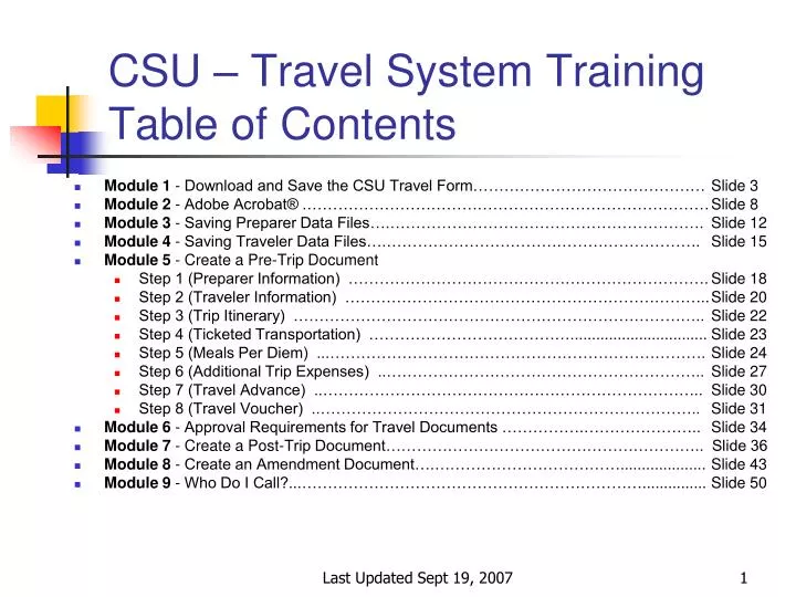 csu travel system training table of contents
