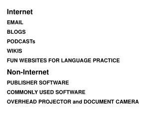 Internet EMAIL BLOGS PODCASTs WIKIS FUN WEBSITES FOR LANGUAGE PRACTICE Non-Internet