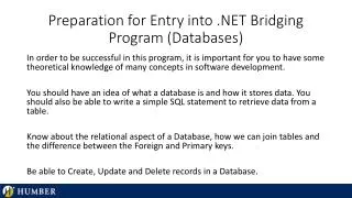 Preparation for Entry into .NET Bridging Program (Databases)