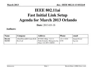 IEEE 802.11ai Fast Initial Link Setup Agenda for March 2013 Orlando