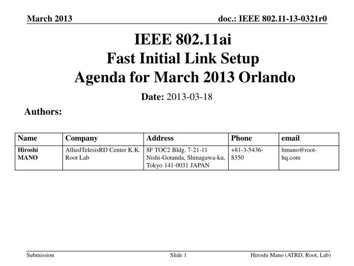 ieee 802 11ai fast initial link setup agenda for march 2013 orlando