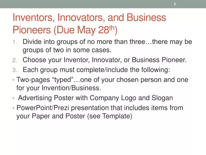 inventors innovators and business pioneers due may 28 th