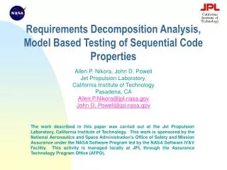 Requirements Decomposition Analysis, Model Based Testing of Sequential Code Properties