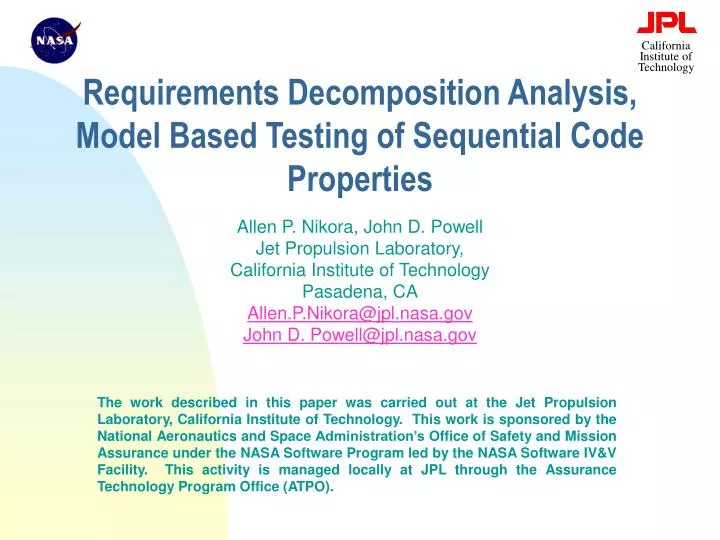 requirements decomposition analysis model based testing of sequential code properties