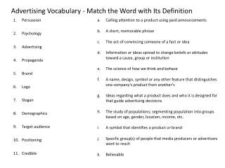 Advertising Vocabulary - Match the Word with Its Definition