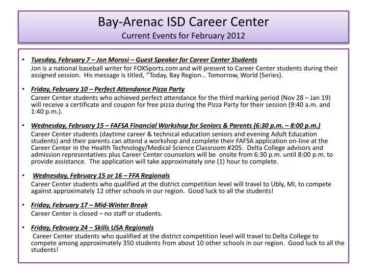 bay arenac isd career center current events for february 2012