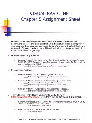 VISUAL BASIC .NET Chapter 5 Assignment Sheet
