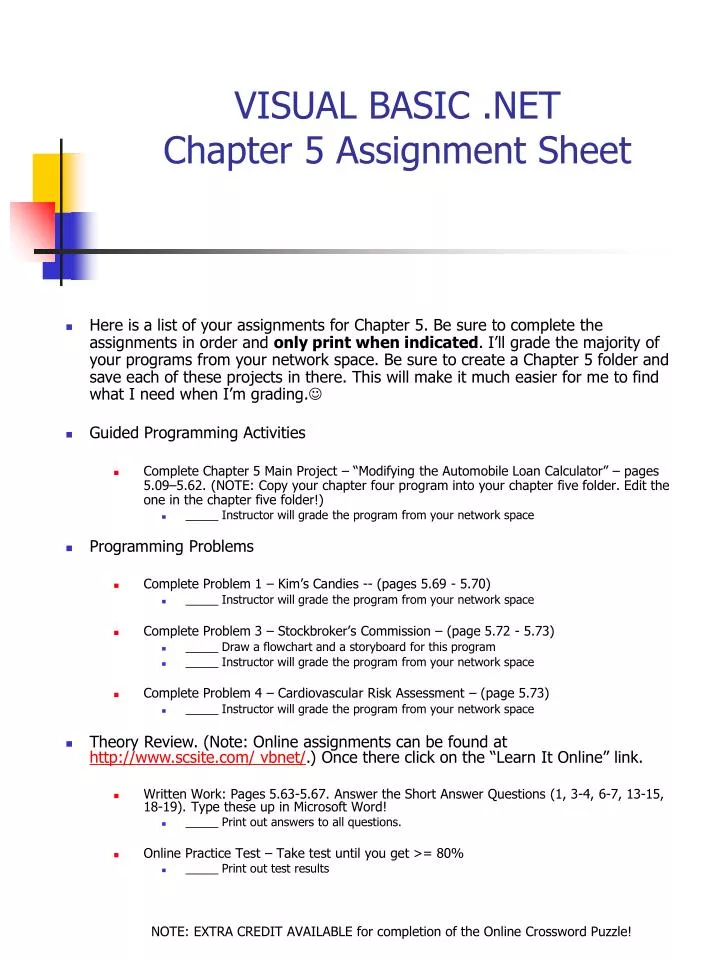 visual basic net chapter 5 assignment sheet