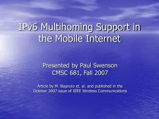 IPv6 Multihoming Support in the Mobile Internet