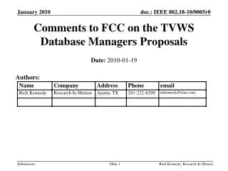 Comments to FCC on the TVWS Database Managers Proposals