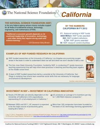 BY THE NUMBERS CALIFORNIA IN FY 2012 1 st : National ranking in NSF funds