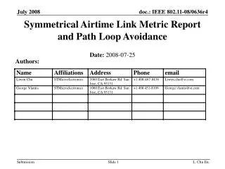 Symmetrical Airtime Link Metric Report and Path Loop Avoidance