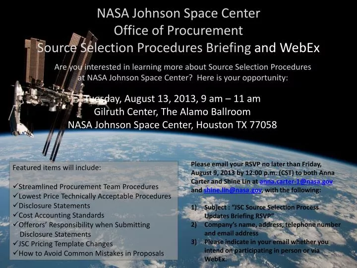 nasa johnson space center office of procurement source selection procedures briefing and webex