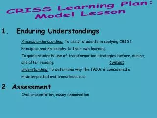 CRISS Learning Plan: Model Lesson