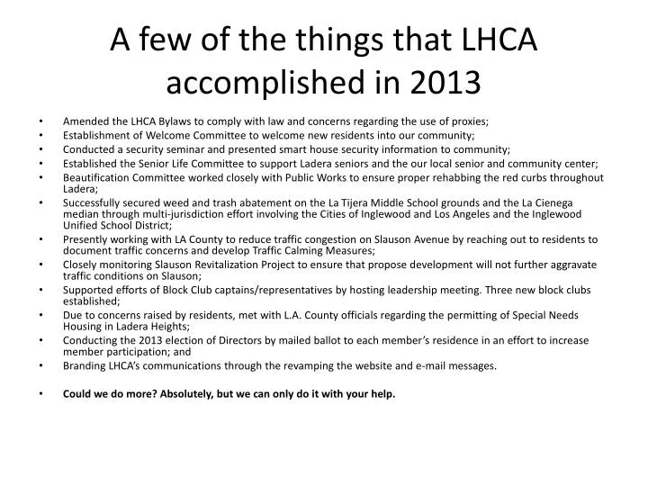 a few of the things that lhca accomplished in 2013