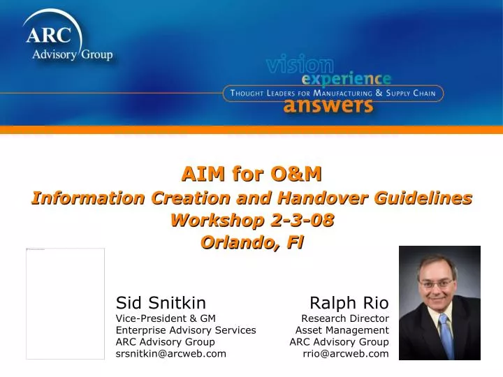 aim for o m information creation and handover guidelines workshop 2 3 08 orlando fl