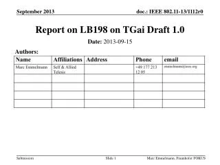Report on LB198 on TGai Draft 1.0