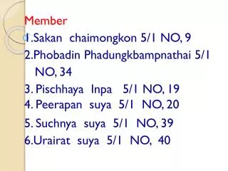 Member 1.Sakan chaimongkon 5/1 NO, 9 2.Phobadin Phadungkbampnathai 5/1 NO, 34