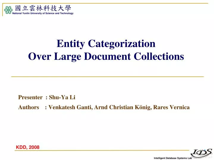 entity categorization over large document collections