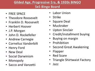 Gilded Age, Progressive Era , &amp; 1920s BINGO 5x5 Bingo Board