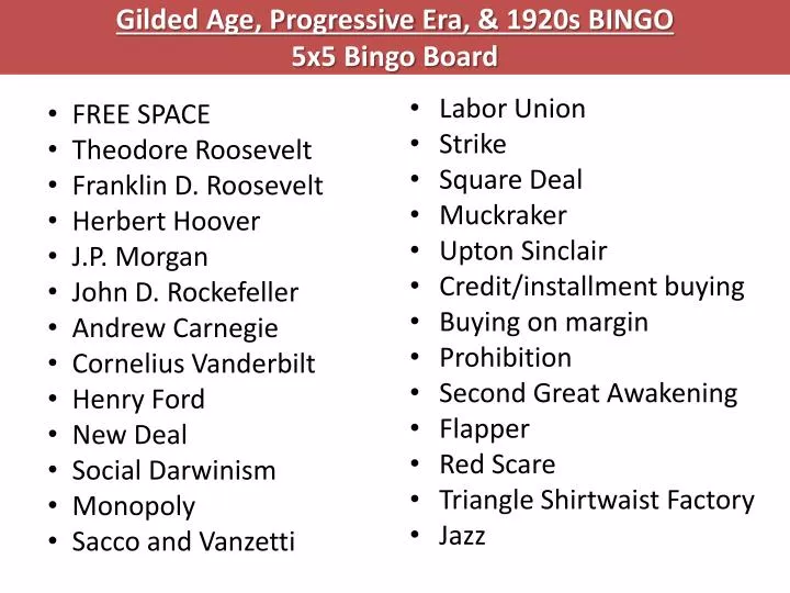 gilded age progressive era 1920s bingo 5x5 bingo board