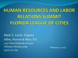HUMAN RESOURCES AND LABOR RELATIONS SUMMIT FLORIDA LEAGUE OF CITIES