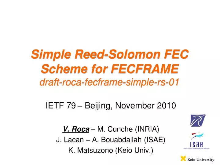 simple reed solomon fec scheme for fecframe draft roca fecframe simple rs 01