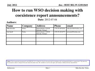 How to run WSO decision making with coexistence report announcements?