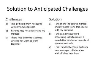 Solution to Anticipated Challenges