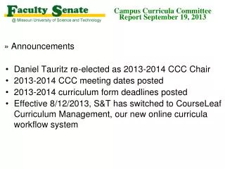 Campus Curricula Committee Report September 19, 2013