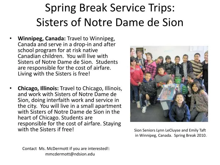 spring break service trips sisters of notre dame de sion
