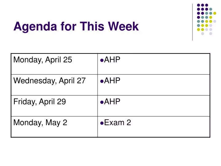 agenda for this week