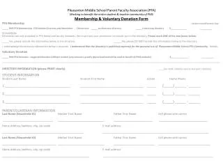 PFA Membership 																Cashier Initials/Payment Type