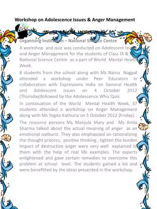 Workshop on Adolescence Issues &amp; Anger Management World Mental Health Week