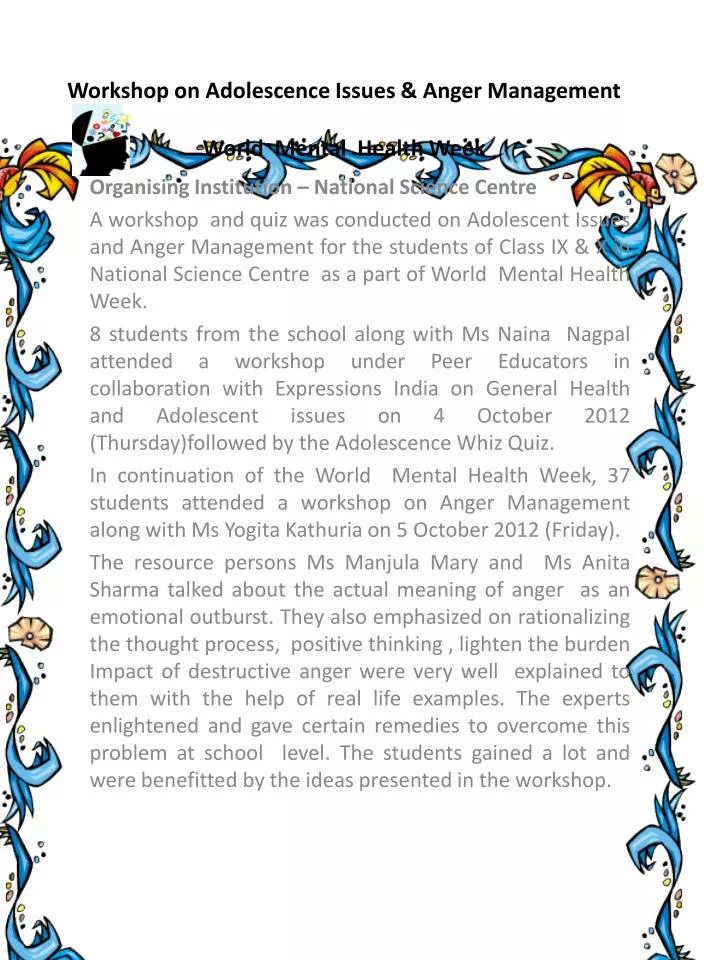 workshop on adolescence issues anger management world mental health week