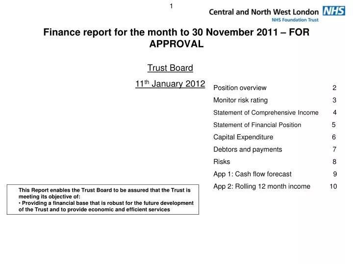 finance report for the month to 30 november 2011 for approval