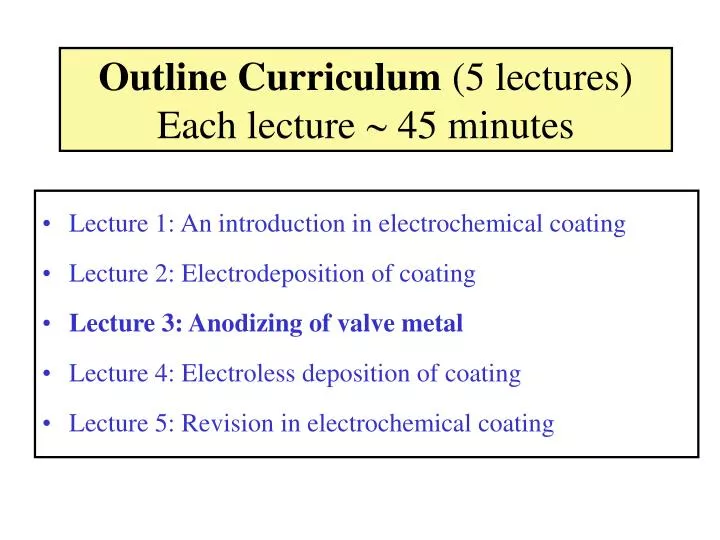 outline curriculum 5 lectures each lecture 45 minutes