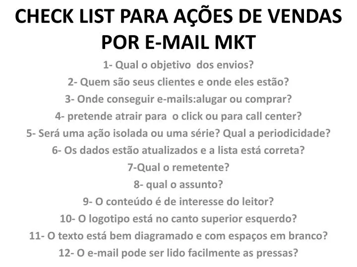 check list para a es de vendas por e mail mkt