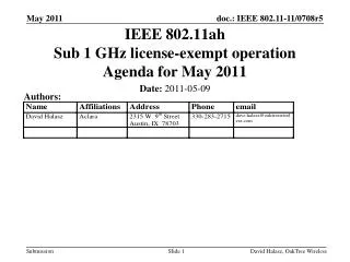 IEEE 802.11ah Sub 1 GHz license-exempt operation Agenda for May 2011