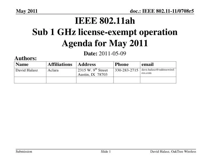 ieee 802 11ah sub 1 ghz license exempt operation agenda for may 2011