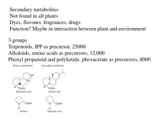 Secondary metabolites Not found in all plants Dyes, flavours, fragrances, drugs