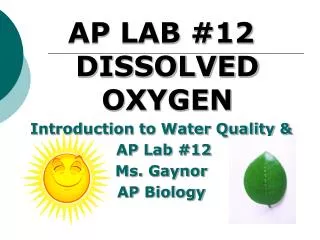 AP LAB #12 DISSOLVED OXYGEN Introduction to Water Quality &amp; AP Lab #12 Ms. Gaynor AP Biology
