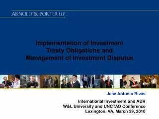 Implementation of Investment Treaty Obligations and Management of Investment Disputes