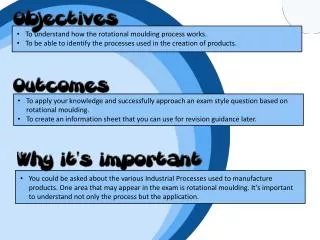 To understand how the rotational moulding process works.