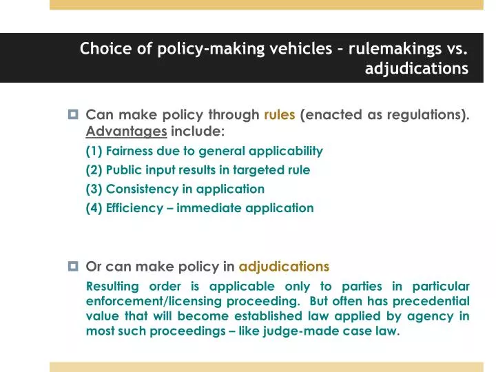 choice of policy making vehicles rulemakings vs adjudications
