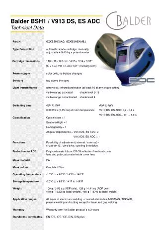 Balder BSH1 / V913 DS, ES ADC Technical Data