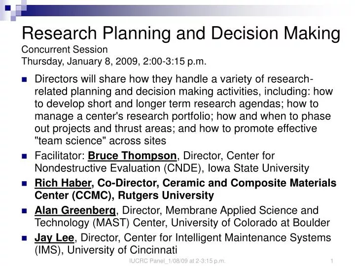 research planning and decision making concurrent session thursday january 8 2009 2 00 3 15 p m